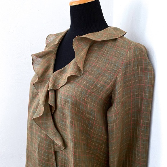 Vintage 70's Gucci Plaid Ruffle Front Shirt Top Long Sleeve Linen Brown Size 40 - Picture 2 of 7